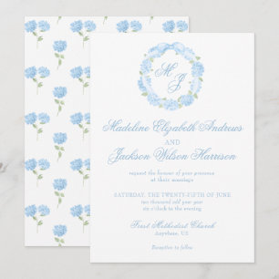 Invitation Aquarelle Monogramme bleu Hydrangea Mariage de cou