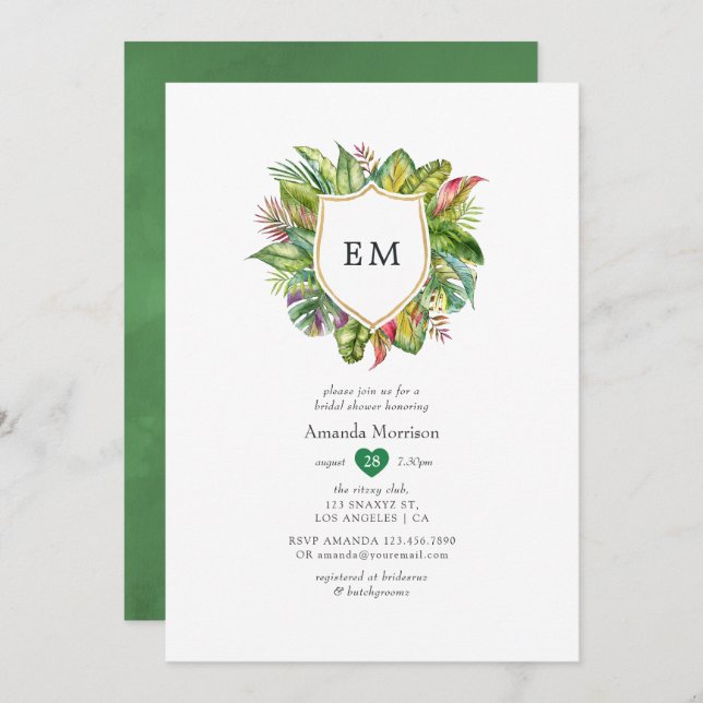 Invitation Aquarelle Monogramme Fête des mariées d'été tropic (Devant / Derrière)