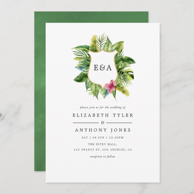 Invitation Aquarelle Monogramme Tropical Summer Beach Mariage (Devant / Derrière)