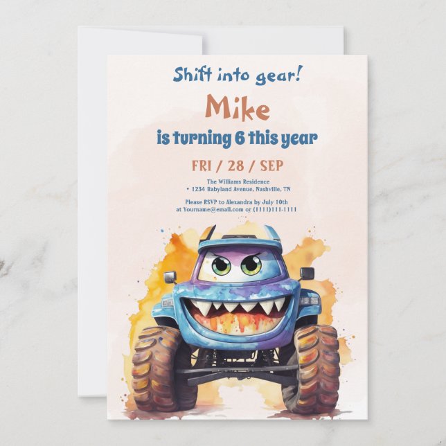 Invitation Aquarelle Monster Camion garçon Anniversaire (Devant)