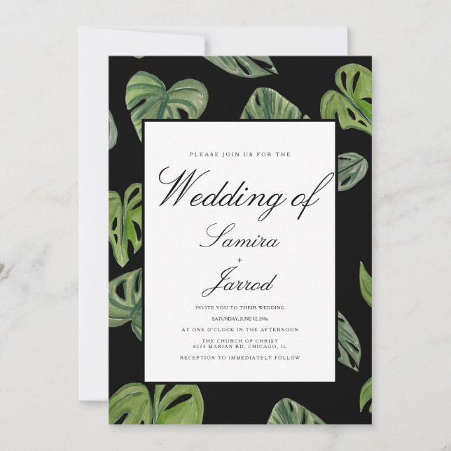 Invitation Aquarelle Monstera et Feuilles botaniques Adansoni (Devant)