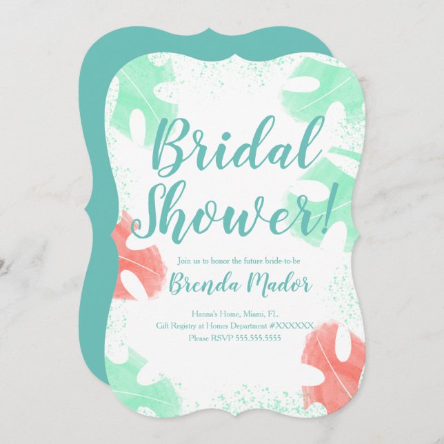 Invitation Aquarelle Monstera Feuilles Baby shower Coral Mint (Devant / Derrière)