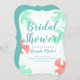 Invitation Aquarelle Monstera Feuilles Baby shower Coral Mint
