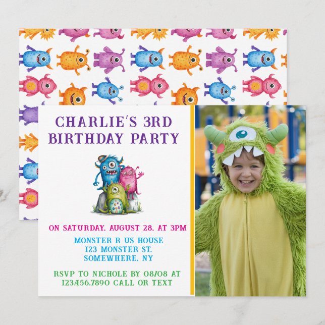 Invitation Aquarelle Monsters Fête d'anniversaire de l'enfant (Devant / Derrière)