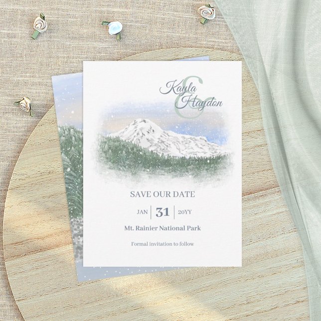 Invitation Aquarelle, Montagne enneigée, Mariage d'hiver (Mt. Rainier, Snow mountains, forest wedding save our date card, light green dusty blue)
