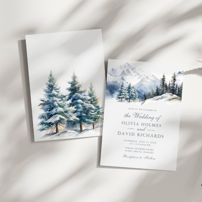 Invitation Aquarelle Montagnes d'hiver et pins Mariage (Watercolor Winter Mountains & Pine Trees Wedding Invitation on a sunny white table.)