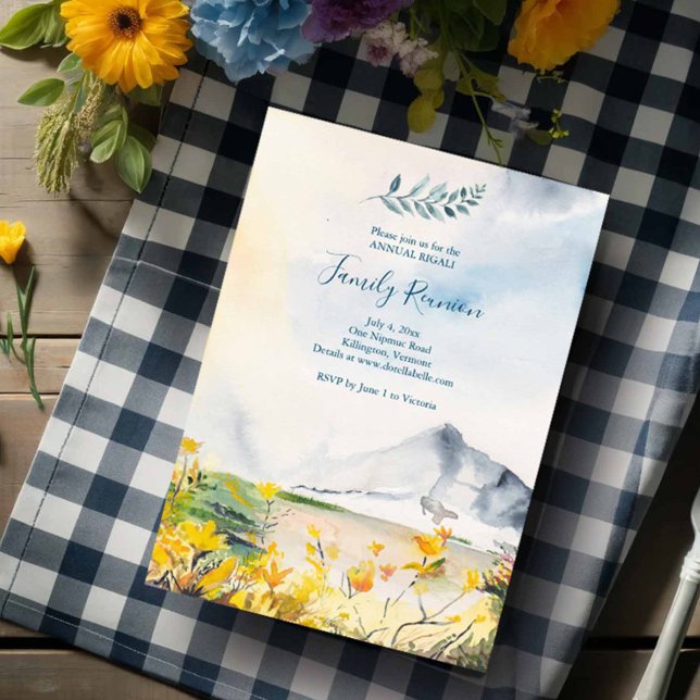 Invitation Aquarelle Montagnes Réunion familiale (Family reunion invitations watercolor mountain art by Victoria Grigaliunas)