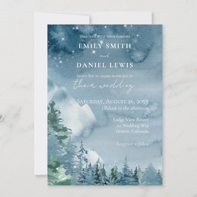 Invitation Aquarelle Montagnes Sombre Dusk Bleu Rustique Mari (Devant)