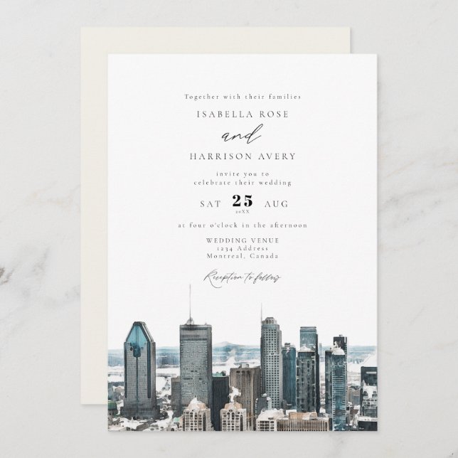 Invitation Aquarelle Montréal Canada City Skyline Mariage (Devant / Derrière)