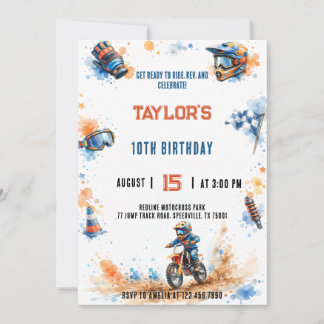 Invitation Aquarelle Motocross Terre Orange Bleu Anniversaire