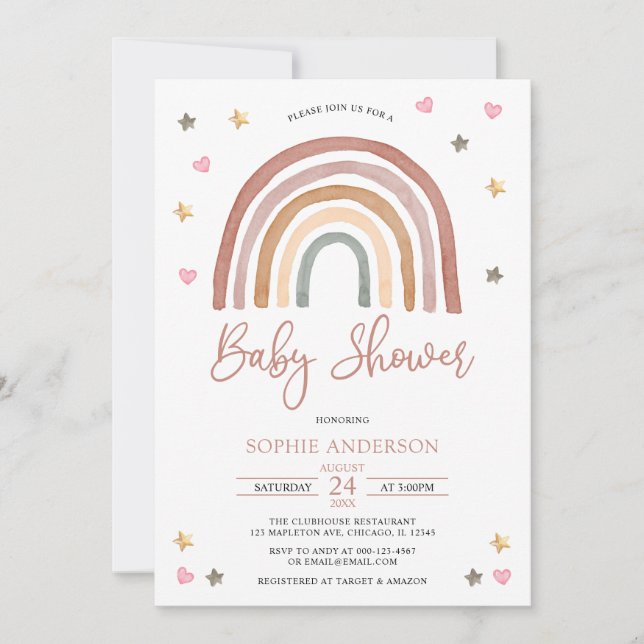Invitation Aquarelle Muet Boho Baby shower arc-en-ciel (Devant)