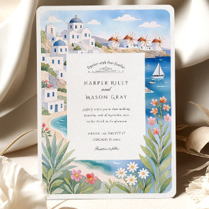 Invitation Aquarelle Mykonos Mer Moulins Mariage