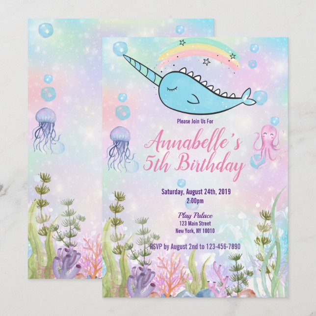 Invitation Aquarelle Narwhal sous la mer (Devant / Derrière)