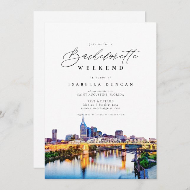 Invitation Aquarelle Nashville Bachelorette Itinéraire et (Devant / Derrière)
