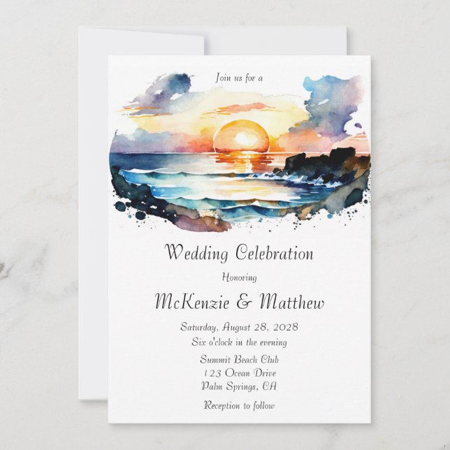 Invitation Aquarelle Nautical Beach Scene Mariage (Devant)