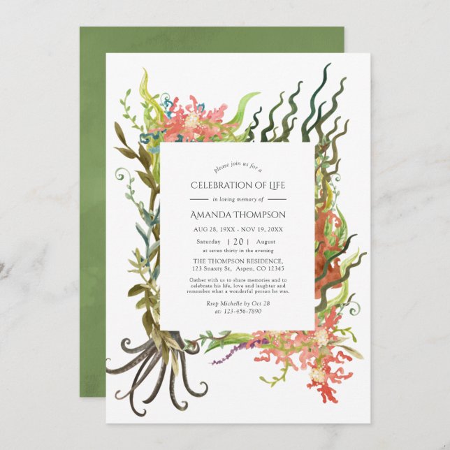 Invitation Aquarelle Nautique Algues Célébration de la vie (Devant / Derrière)