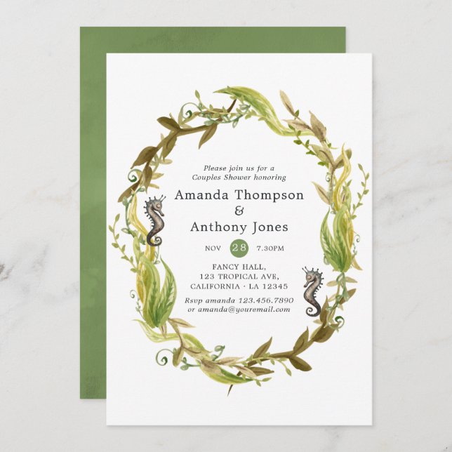 Invitation Aquarelle Nautique Algues Mariage Couples Douche (Devant / Derrière)
