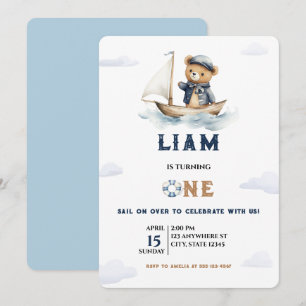 Invitation Aquarelle Nautique Garçon Teddy Bear marin Anniver