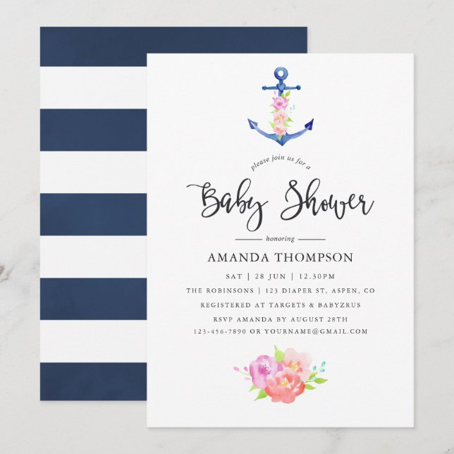 Invitation Aquarelle Nautique Thème Floral Baby shower (Devant / Derrière)