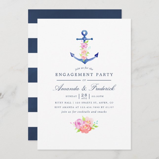 Invitation Aquarelle Nautique Thème Floral Engagement Party (Devant / Derrière)