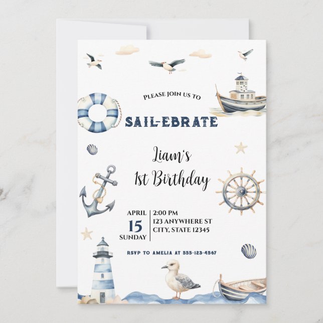 Invitation Aquarelle Nautique Voilier Ebrate Voilier Annivers (Devant)