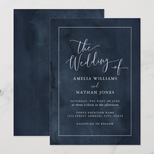 Invitation Aquarelle Navy Le Mariage de Mariage (Devant / Derrière)