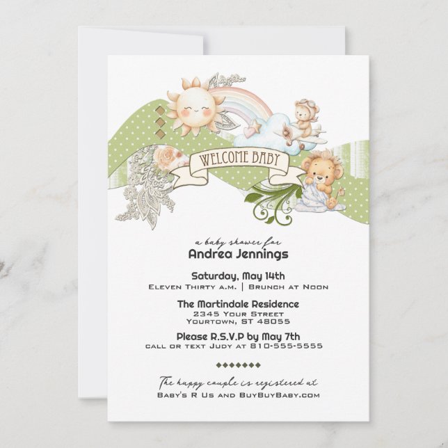 Invitation Aquarelle neutre pour les femmes Baby shower vert  (Devant)