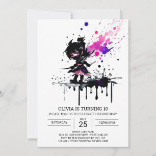 Invitation Aquarelle Ninja Custom Girl Anniversaire