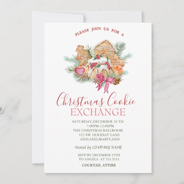 Invitation Aquarelle Noël Cookies Étoiles Vert Noël (Devant)