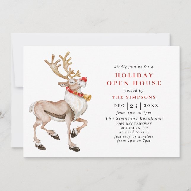 Invitation Aquarelle Noël Reindeer VACANCES OPEN HOUSE (Devant)