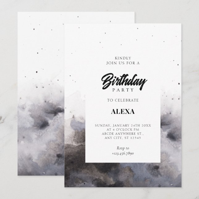 Invitation Aquarelle Noir gris brouillard anniversaire (Devant / Derrière)