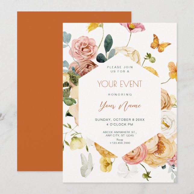Invitation Aquarelle noire à fleurs élégant (Devant / Derrière)