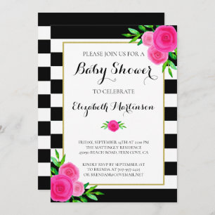 Invitation Aquarelle noire blanche rayée Baby shower floral