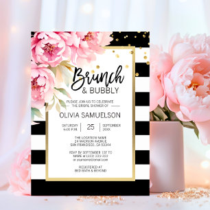 Invitation Aquarelle noire blanche rose Floral Brunch & Bubbl