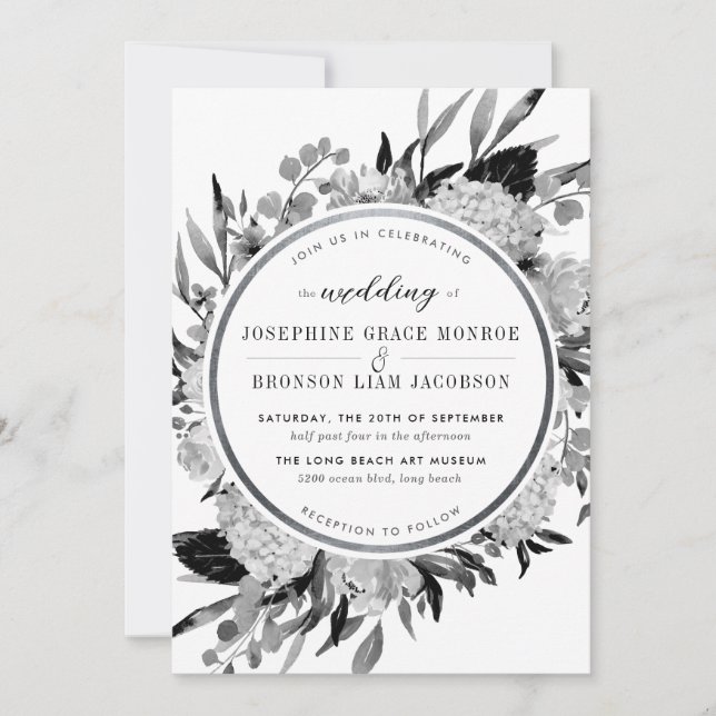 Invitation Aquarelle noire et blanche moderne Floral Argent (Devant)
