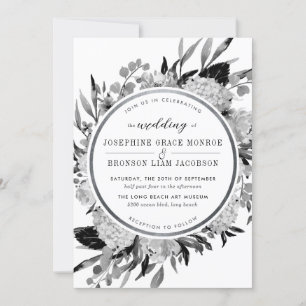 Invitation Aquarelle noire et blanche moderne Floral Argent