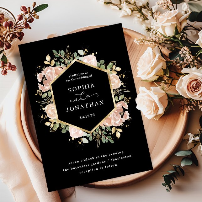 Invitation Aquarelle noire et neutre | MARIAGE (An elegant, dark black floral wedding invitation with faux gold)