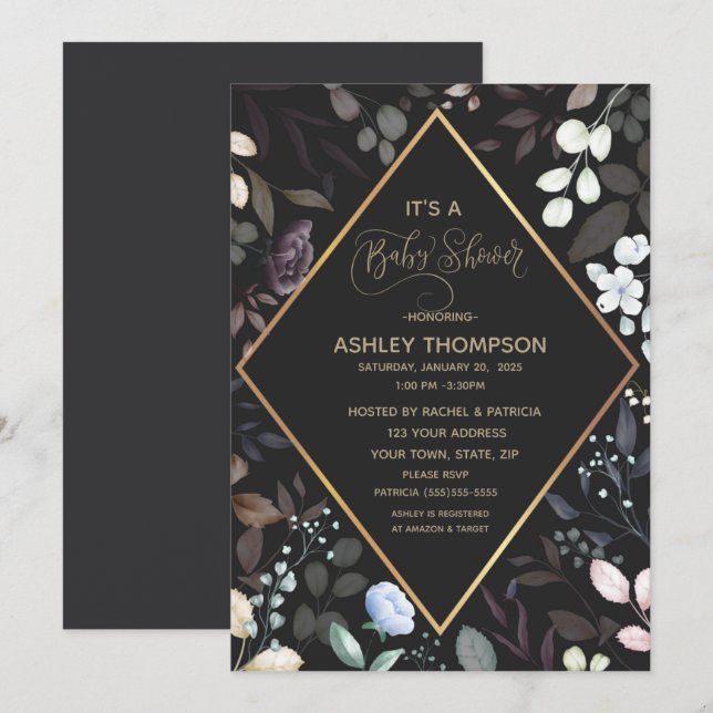 Invitation Aquarelle noire et or Baby shower Floral (Devant / Derrière)