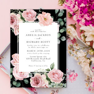 Invitation Aquarelle noire et rose florale classique mariage