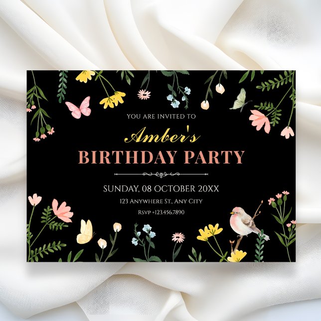 Invitation Aquarelle noire florale printemps anniversaire (Créateur téléchargé)