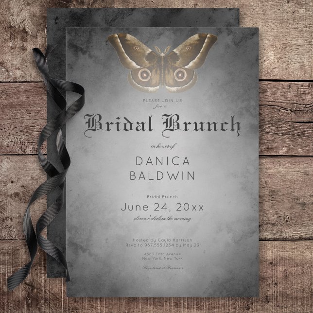 Invitation Aquarelle noire gothique Brown Moth Bridal Brunch (Gothic Black Watercolor Brown Moth Bridal Brunch Invitation)