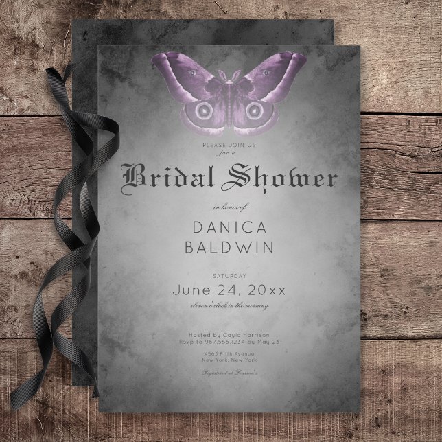 Invitation Aquarelle noire gothique Fête des mariées de teign (Gothic Black Watercolor Purple Moth Bridal Shower Invitation)