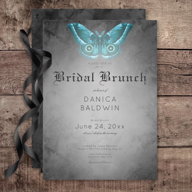 Invitation Aquarelle noire gothique Turquoise Moth Bridal Bru (Gothic Black Watercolor Teal Moth Bridal Brunch Invitation)