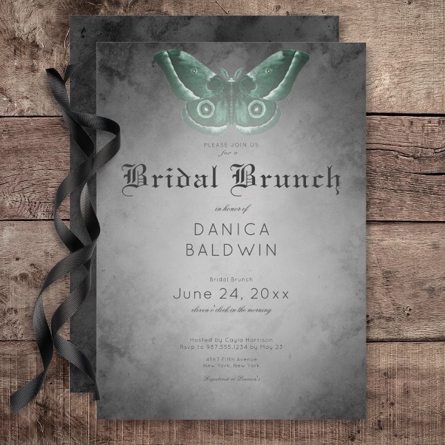 Invitation Aquarelle noire gothique Vert Moth Bridal Brunch (Gothic Black Watercolor Green Moth Bridal Brunch Invitation)