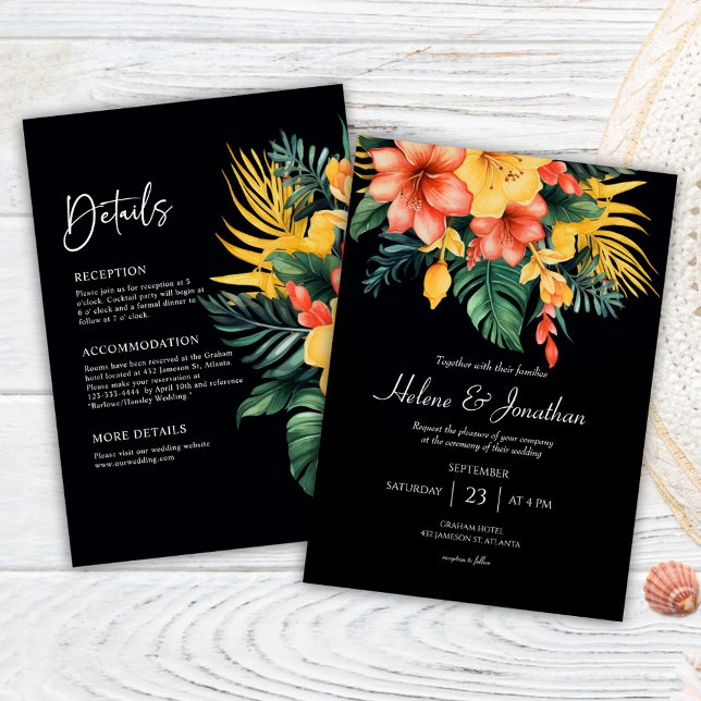 Invitation Aquarelle noire Tropical Tout en un Mariage (Black Watercolor Tropical All In One Wedding Invitation)