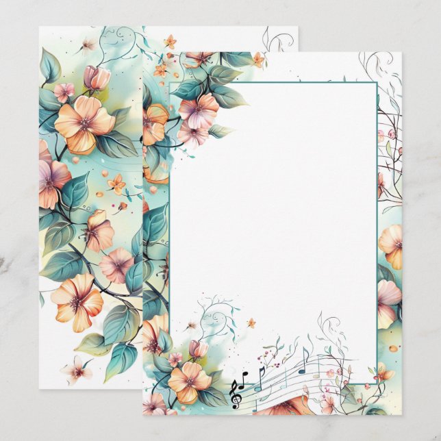 Invitation Aquarelle notes musicales et fleurs (Devant / Derrière)