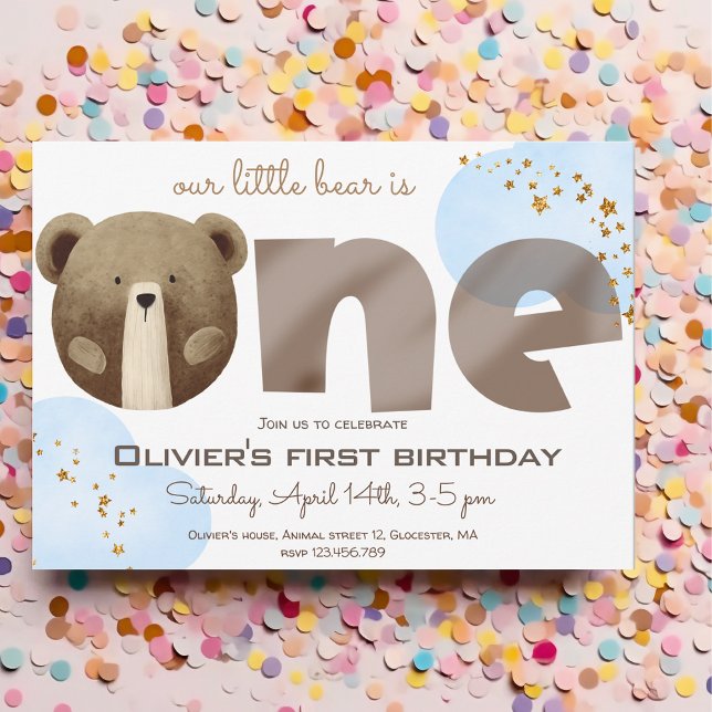 Invitation Aquarelle notre petit ours un bébé anniversaire (Créateur téléchargé)