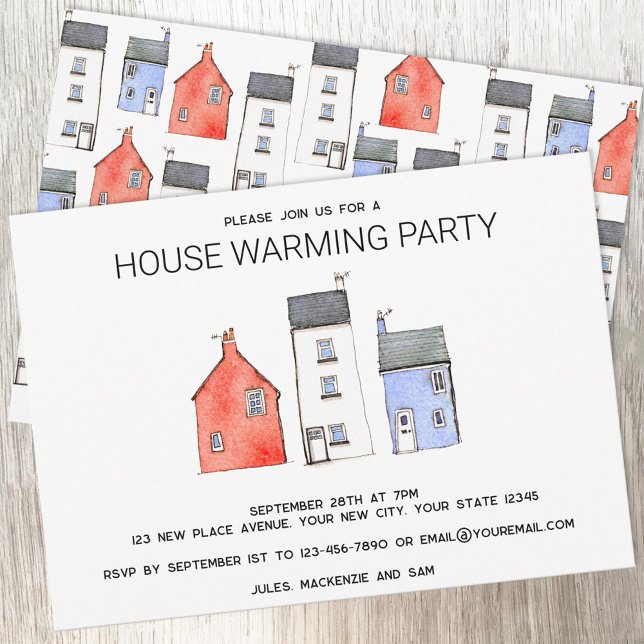 Invitation Aquarelle Nouveau Accueil Maison Fête de Réchauffe (Housewarming party watercolor house art moving new home invitation or announcement)