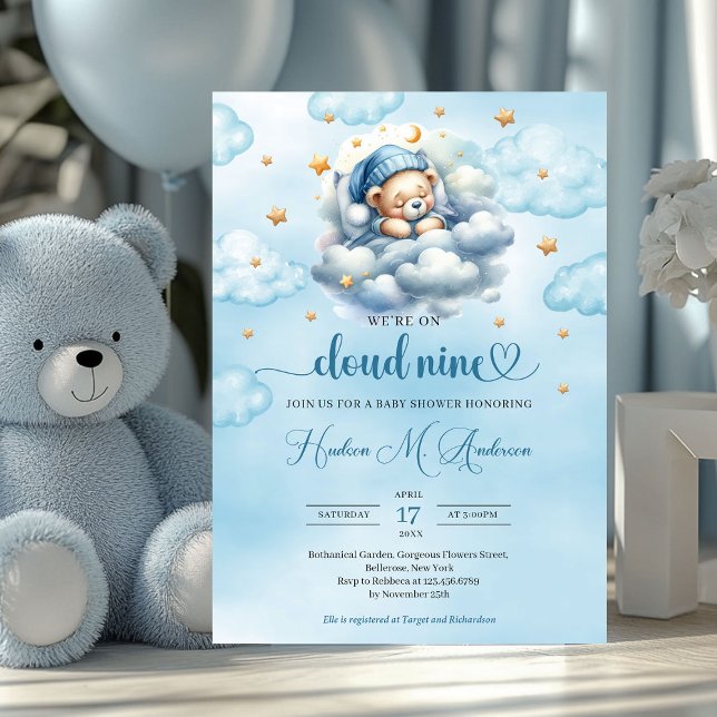 Invitation Aquarelle Nuage 9 ours en peluche Baby shower garç (we're on cloud nine boy baby shower invitation)