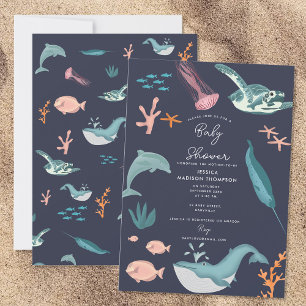 Invitation Aquarelle Océan Animaux de mer Baby shower bleu